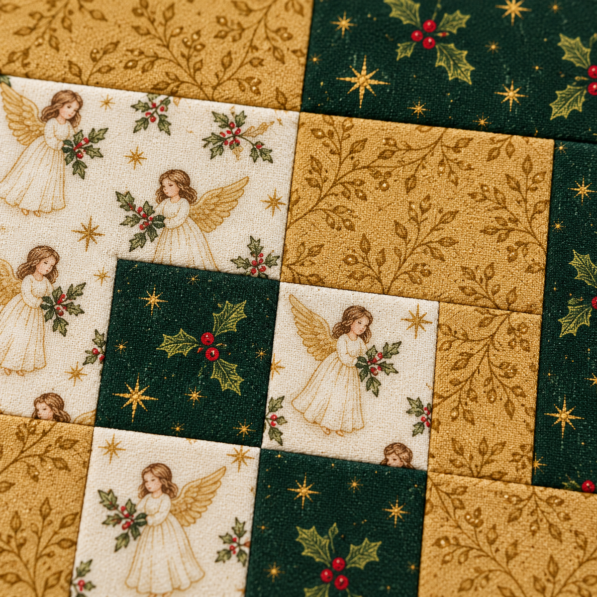Angled close-up of the Angel & Gold quilt block with ivory angel fabric, gold botanical fabric and evergreen holly details. AI-generated fabric-styling illustration.