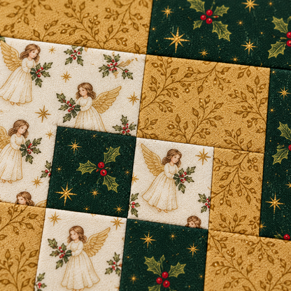 Angled close-up of the Angel & Gold quilt block with ivory angel fabric, gold botanical fabric and evergreen holly details. AI-generated fabric-styling illustration.