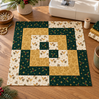 Angel & Gold Christmas quilt block beside a sewing machine, scissors, thread and folded coordinating fabrics on a wooden table. AI-generated fabric-styling illustration.