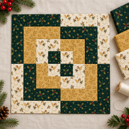 Angel & Gold Christmas quilt block laid on linen with matching evergreen, gold and ivory fabrics, thread and festive greenery. AI-generated fabric-styling illustration.