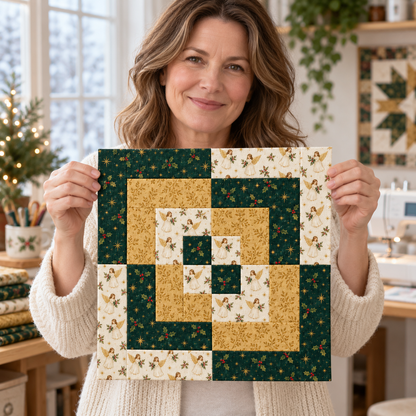 Smiling woman in a cream cardigan holding the Angel & Gold Christmas quilt block in a festive sewing room. AI-generated fabric-styling illustration.