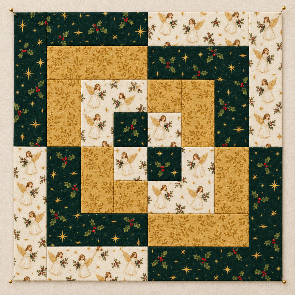 Angel & Gold Christmas quilt block pinned flat to a cream design wall, showing the full evergreen, gold and ivory patchwork layout. AI-generated fabric-styling illustration.