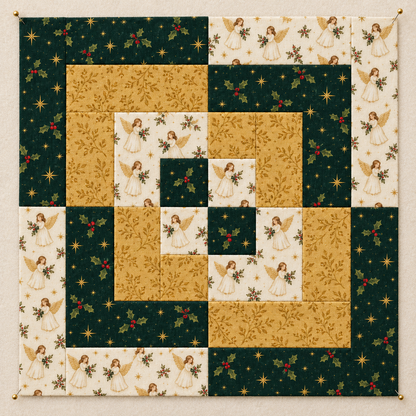 Angel & Gold Christmas quilt block pinned flat to a cream design wall, showing the full evergreen, gold and ivory patchwork layout. AI-generated fabric-styling illustration.
