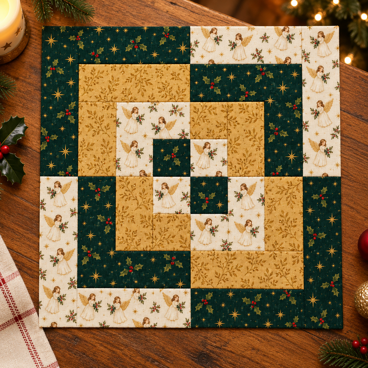 Angel & Gold Christmas quilt block on a warm wooden table beside a glowing candle, festive greenery and softly lit Christmas tree. AI-generated fabric-styling illustration.