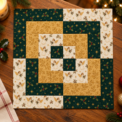 Angel & Gold Christmas quilt block on a warm wooden table beside a glowing candle, festive greenery and softly lit Christmas tree. AI-generated fabric-styling illustration.