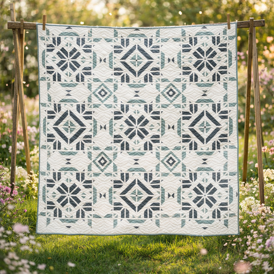 Arctic Crystal Quilt Pattern PDF – Geometric ice crystal quilt displayed on wooden stand in garden setting, beginner-friendly patchwork design