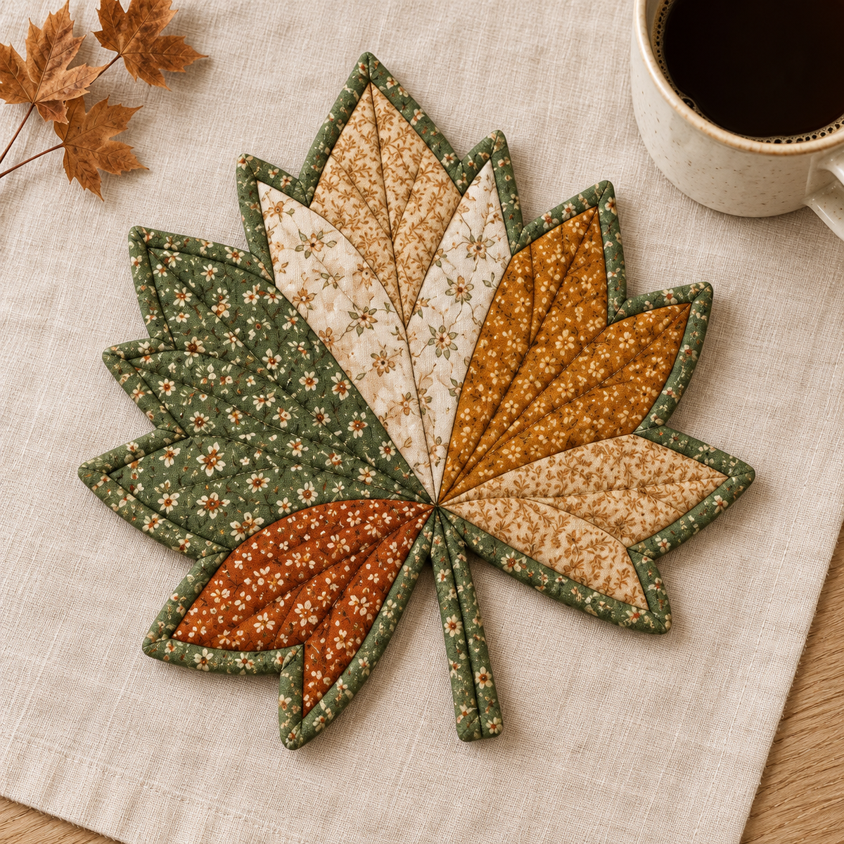 Autumn Maple patchwork mug rug in sage, ochre and rust on ivory linen beside a coffee cup