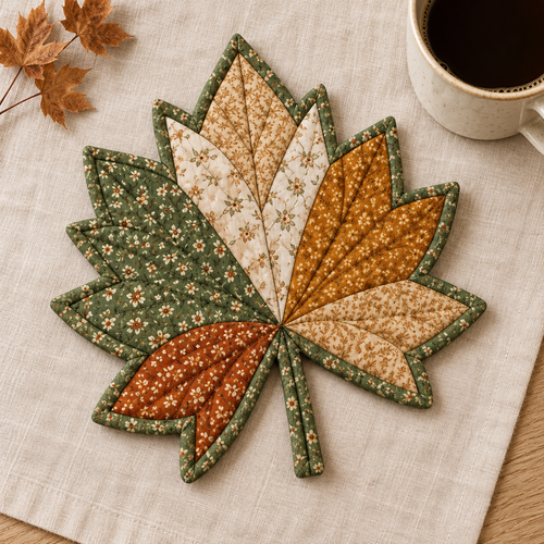 Autumn Maple patchwork mug rug in sage, ochre and rust on ivory linen beside a coffee cup