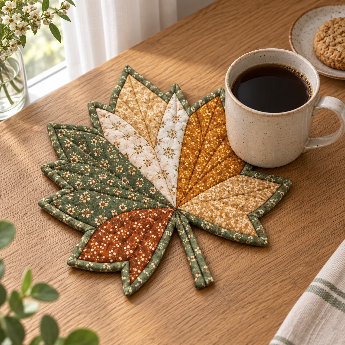 Autumn Maple leaf mug rug beneath a ceramic coffee cup on an oak breakfast table