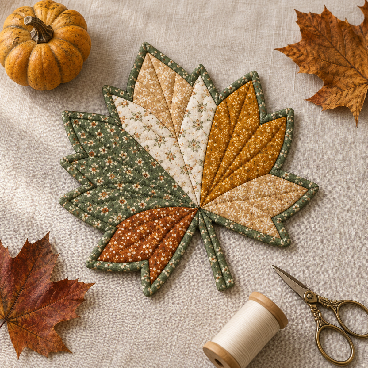 Maple leaf mug rug with autumn leaves, a pumpkin and sewing notions