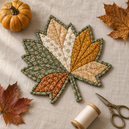 Maple leaf mug rug with autumn leaves, a pumpkin and sewing notions