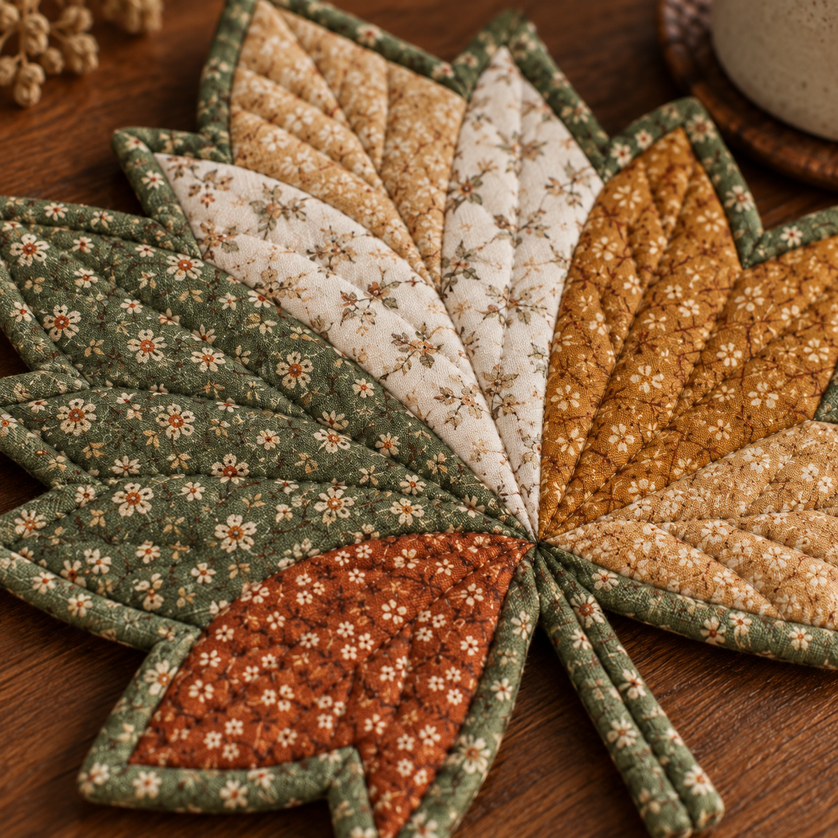 Close-up of Autumn Maple cotton patchwork wedges and quilting stitches