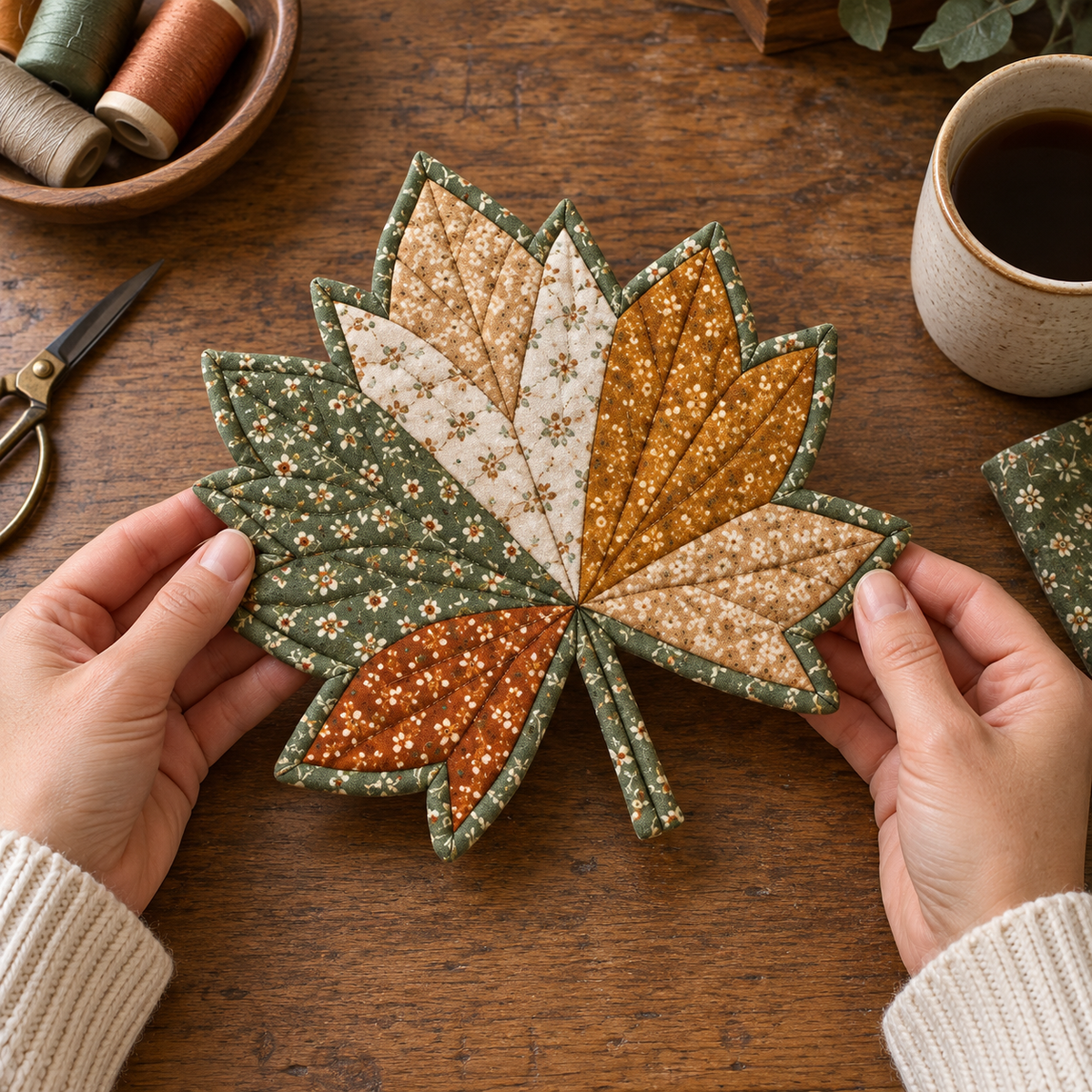 Hands holding the Autumn Maple mug rug to show its compact size