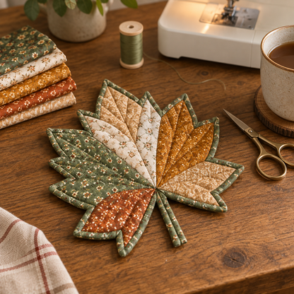 Finished Autumn Maple mug rug on a sewing table with coordinating cotton fabrics