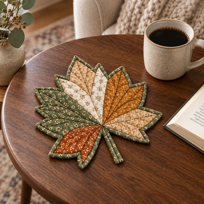 Autumn Maple mug rug beside a book and coffee in a cozy reading corner
