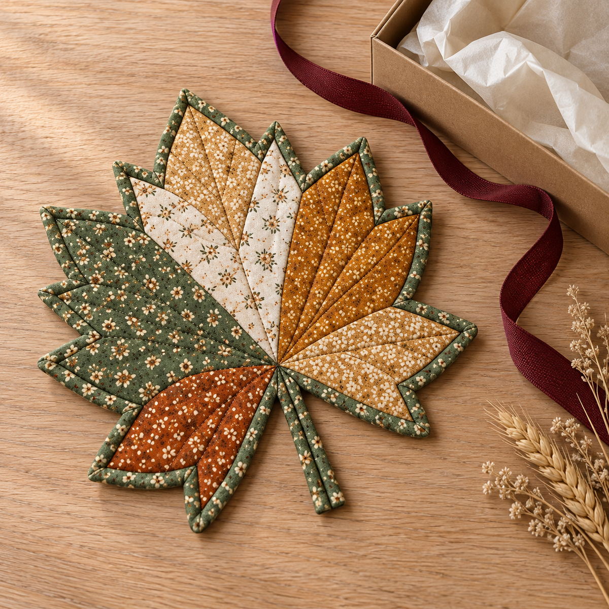 Maple leaf mug rug styled as a handmade gift beside a kraft box and burgundy ribbon