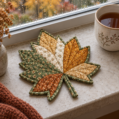 Autumn Maple mug rug and tea cup beside a rain-speckled window