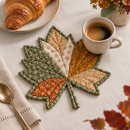 Autumn Maple mug rug in a breakfast setting with coffee and a croissant