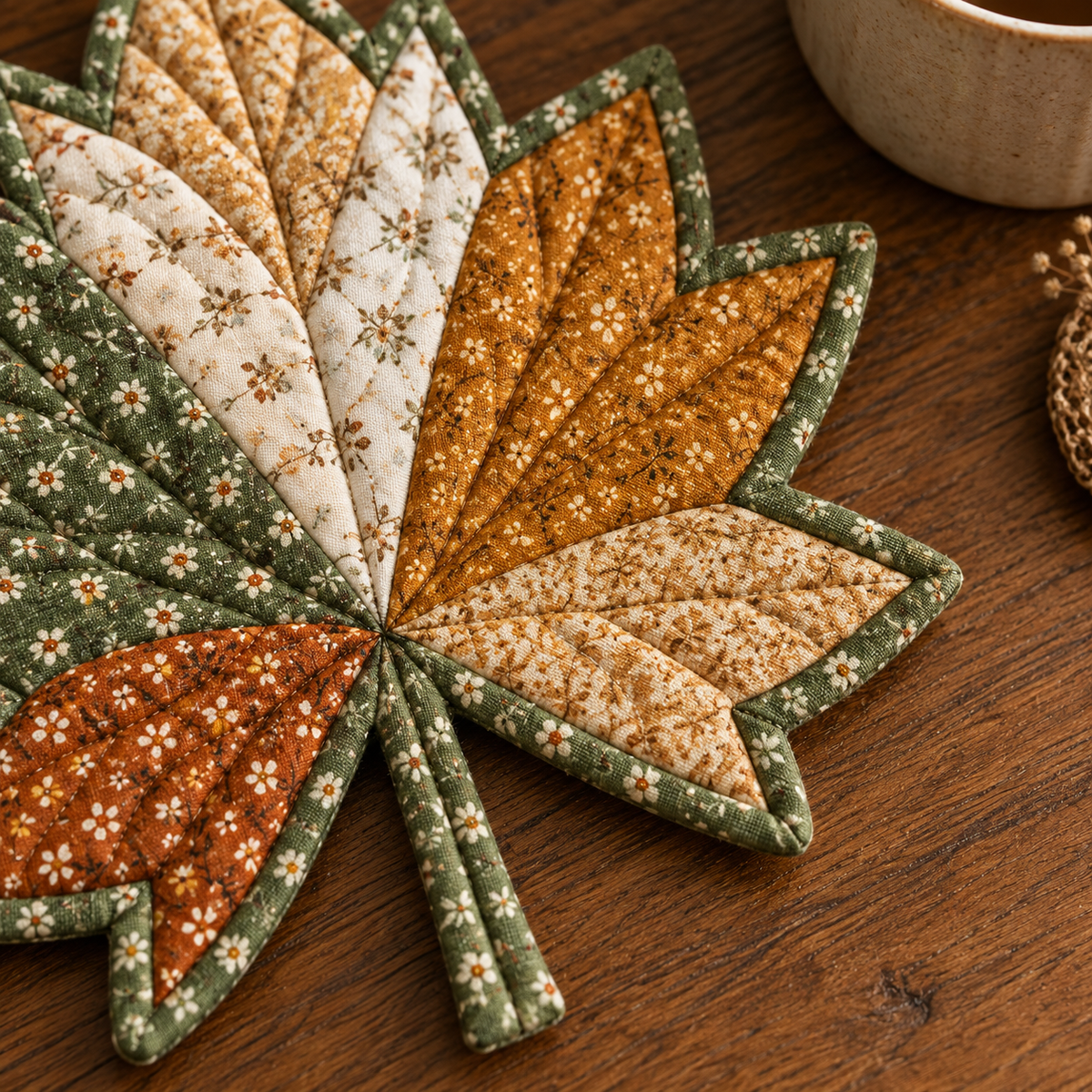 Close-up of narrow green binding and quilted leaf points on the Autumn Maple mug rug