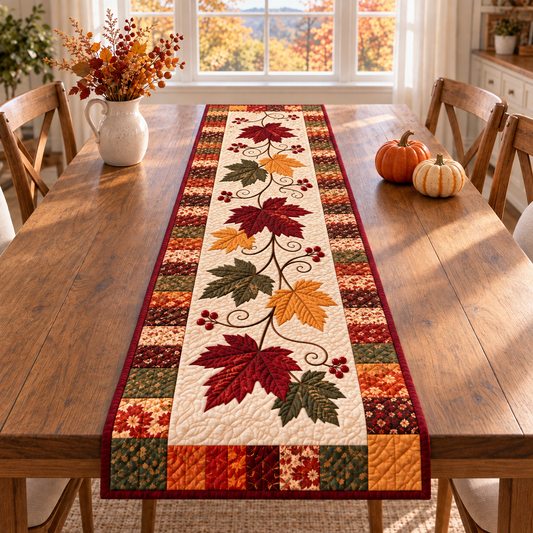 Autumn Vine quilted table runner with burgundy, olive and gold leaves on an oak dining table; AI-generated styling illustration