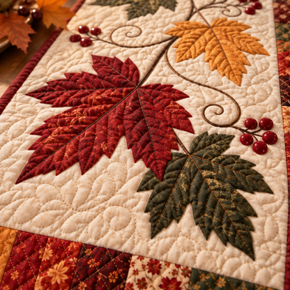 Burgundy maple leaf applique and quilting texture detail; AI-generated styling illustration