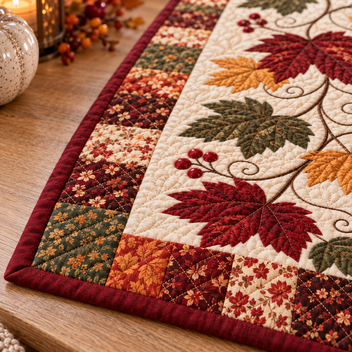 Patchwork border and burgundy binding detail; AI-generated styling illustration