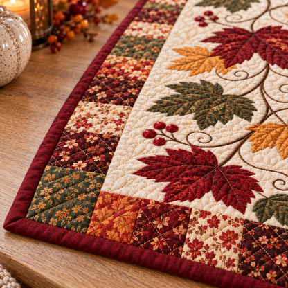 Patchwork border and burgundy binding detail; AI-generated styling illustration
