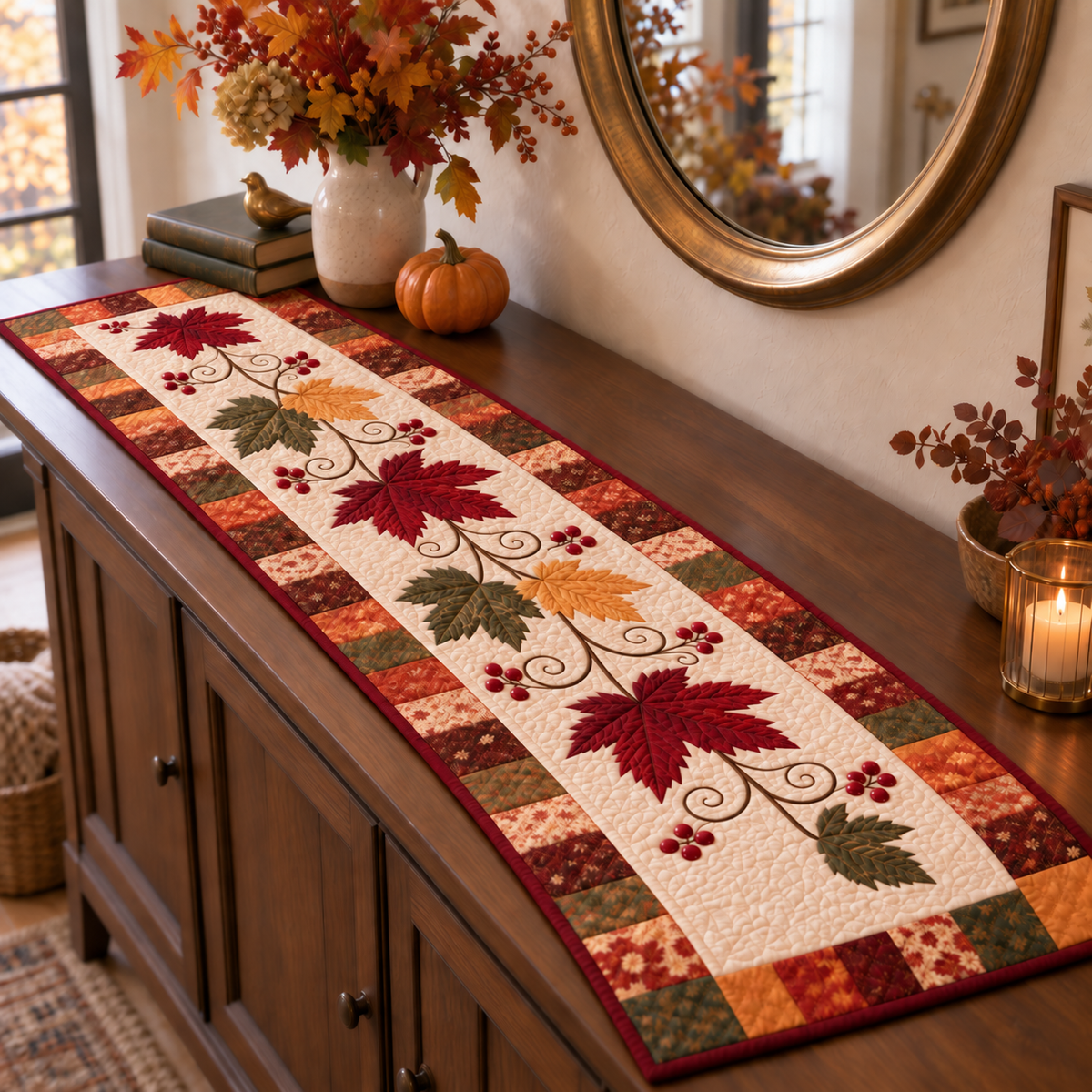 Autumn Vine runner styled on a console table; AI-generated styling illustration