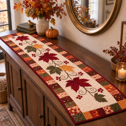 Autumn Vine runner styled on a console table; AI-generated styling illustration