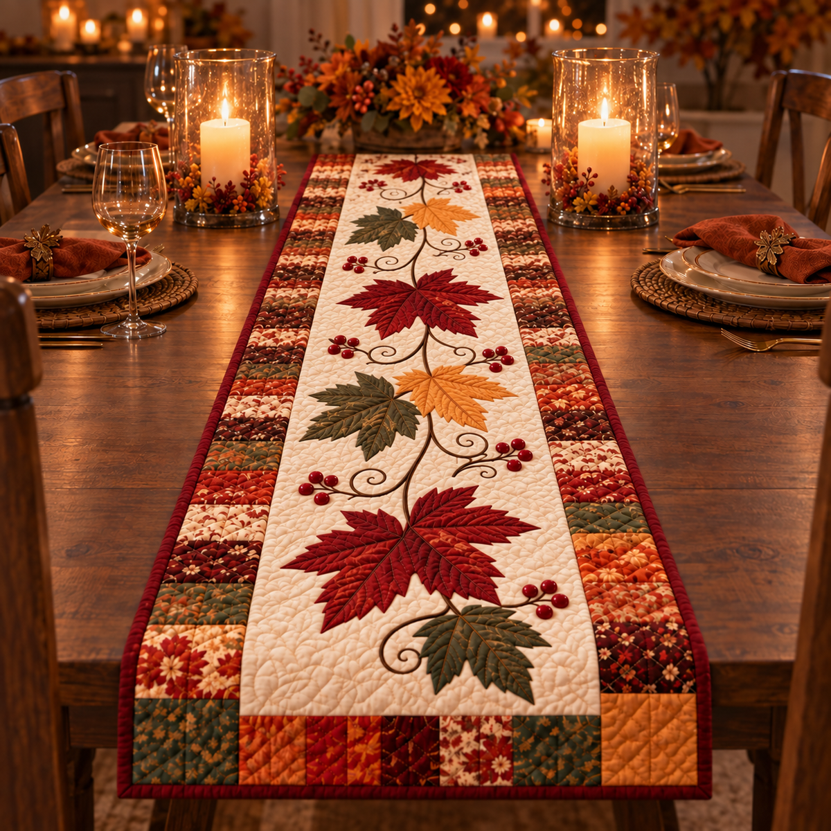 Autumn leaf table runner in a candlelit dining scene; AI-generated styling illustration