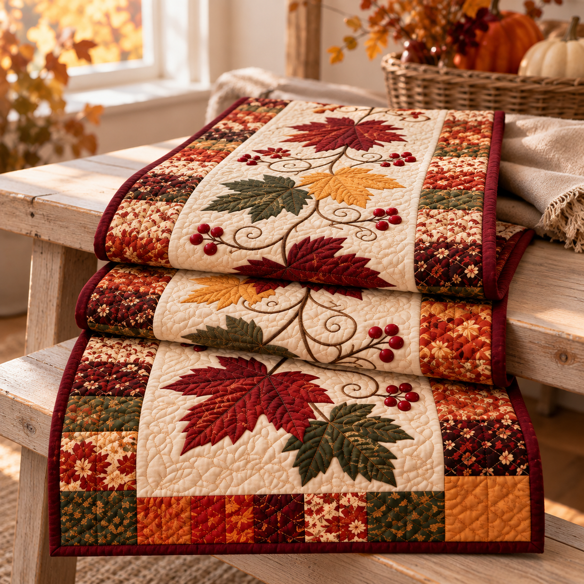 Folded Autumn Vine quilted table runner as a handmade keepsake; AI-generated styling illustration