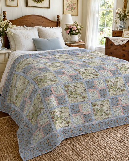 Bluebird Garden Quilt Pattern PDF – finished quilt spread on a cottage-style bedroom bed, floral patchwork in soft blue and pink tones