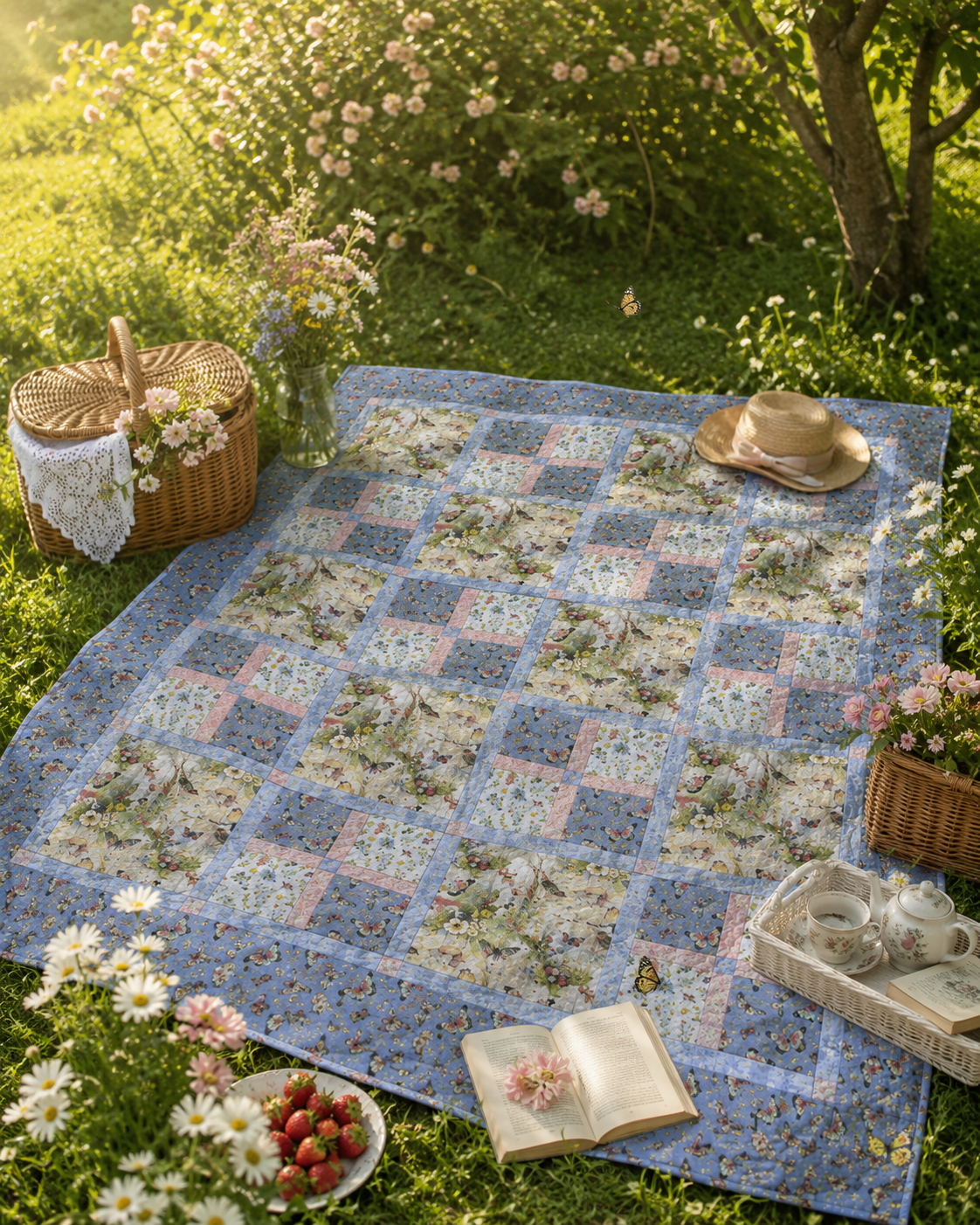Bluebird Garden Quilt Pattern PDF – finished quilt spread on green grass in a summer garden with picnic basket, daisy flowers and books