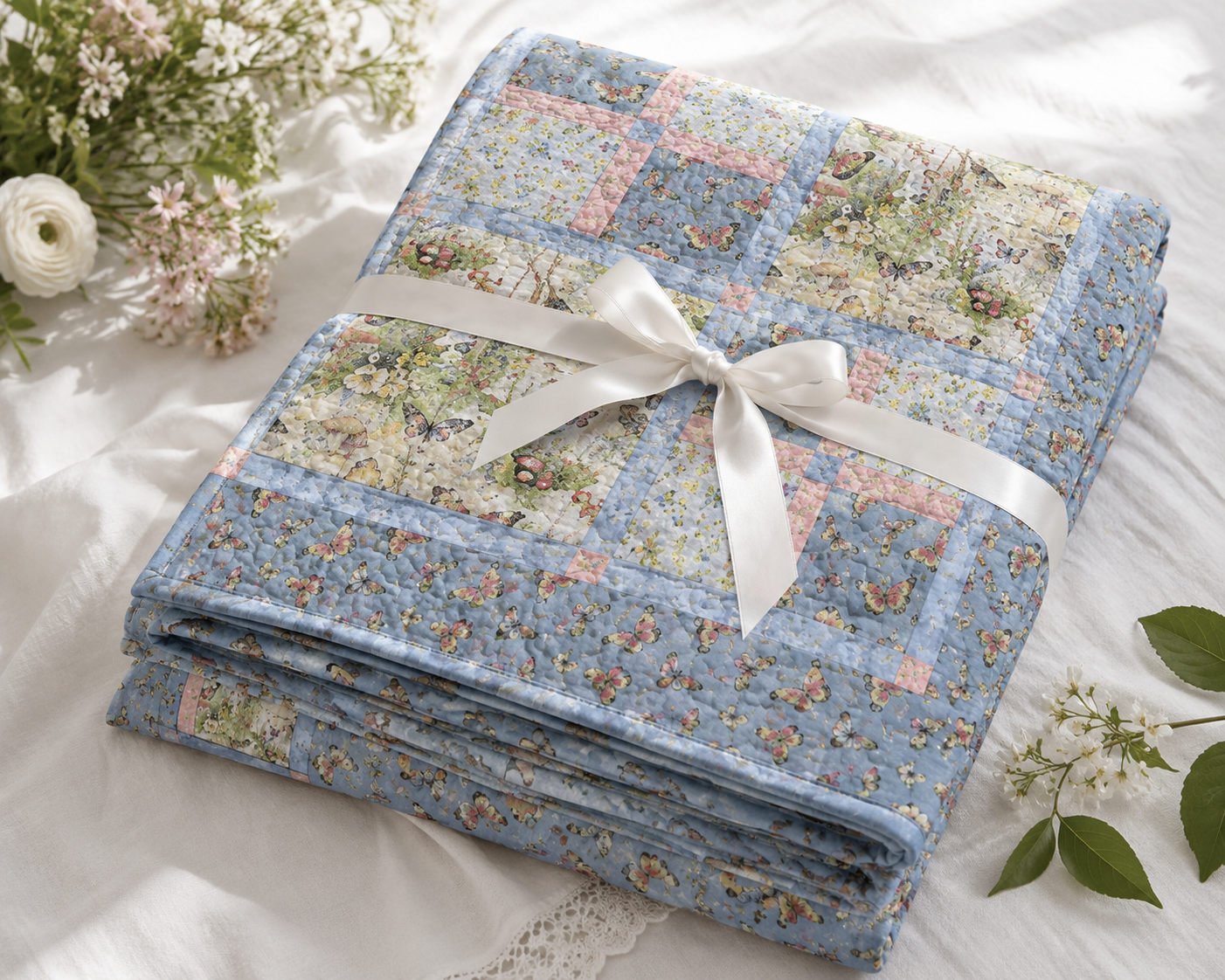 Bluebird Garden Quilt Pattern PDF – finished quilt folded and tied with a white satin ribbon, perfect as a handmade gift for quilting lovers