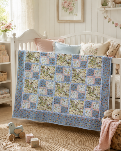 Bluebird Garden Quilt Pattern PDF – finished quilt draped over nursery crib, floral patchwork in blue and pink, beginner sewing project