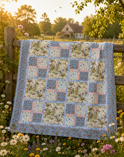 Bluebird Garden Quilt Pattern PDF – finished quilt displayed on a rustic wooden fence in a wildflower garden at golden hour