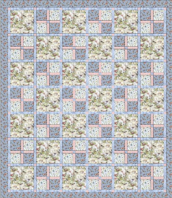 Bluebird Garden Quilt Pattern PDF – full block layout diagram showing all patchwork units and grid assembly, 68×68" throw size