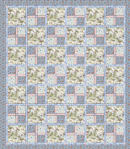 Bluebird Garden Quilt Pattern PDF – full block layout diagram showing all patchwork units and grid assembly, 68×68" throw size