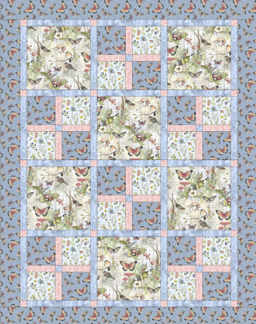 Bluebird Garden Quilt Pattern PDF – flat lay view showing blue border and bird floral patchwork blocks, beginner quilting design