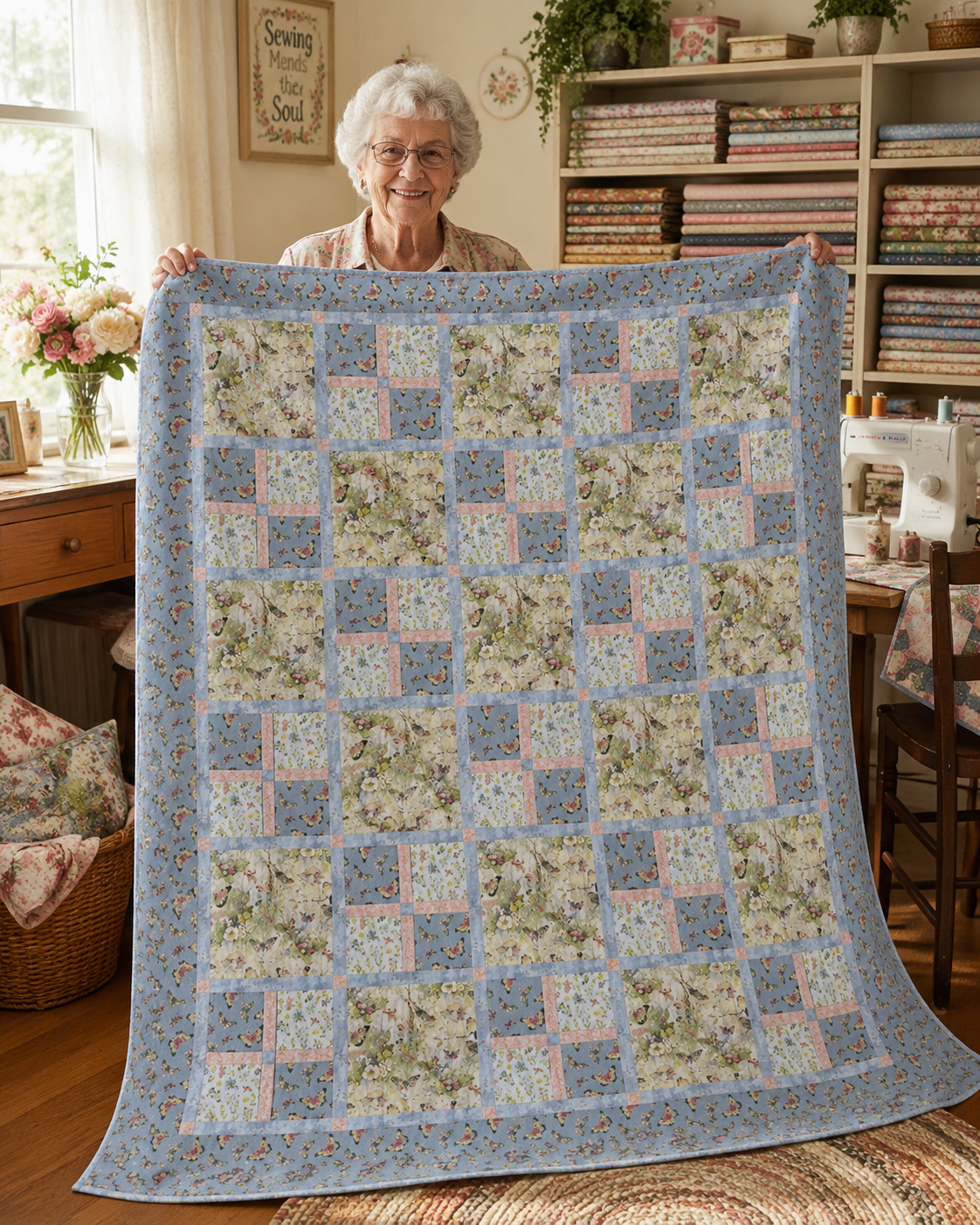Bluebird Garden Quilt Pattern PDF – quilter proudly holding finished patchwork quilt in a cozy sewing room, beginner-friendly design