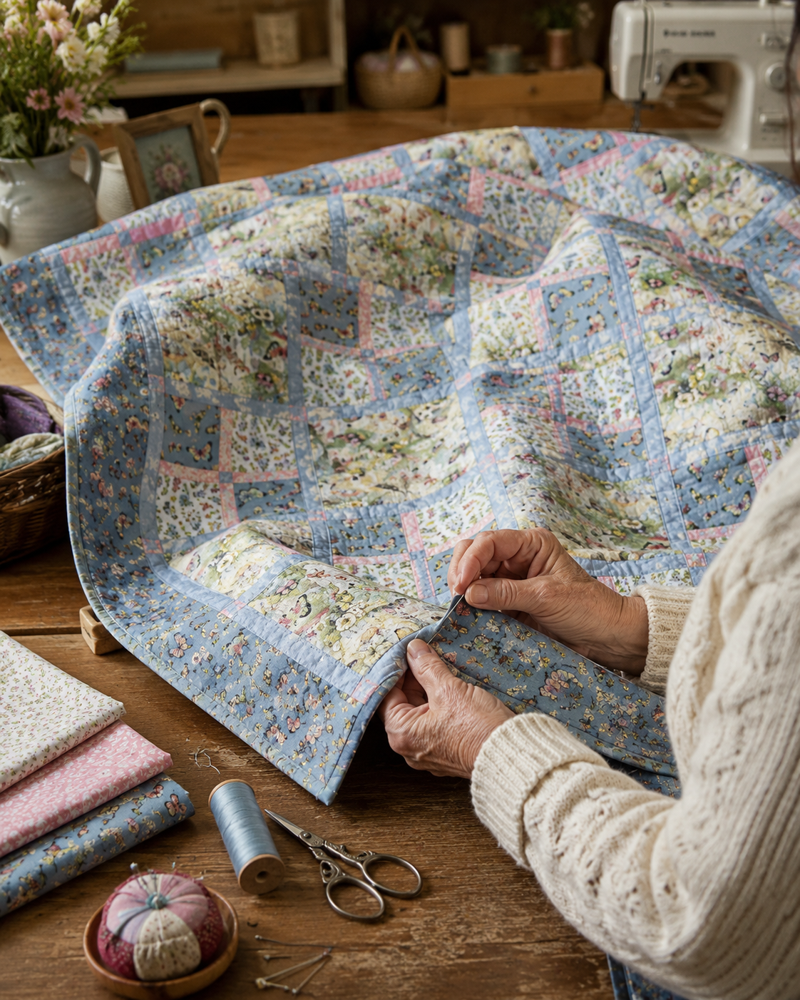 Bluebird Garden Quilt Pattern PDF – close-up of quilter sewing patchwork blocks by hand with sewing tools on a rustic wooden table
