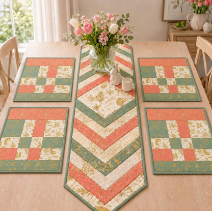 Braided table runner and placemat quilt pattern styled for holiday table decor and handmade gifts