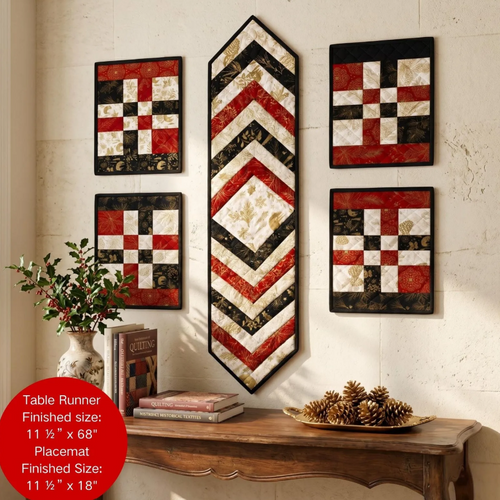 Braided table runner and matching placemats PDF quilt pattern displayed as a finished table decor set