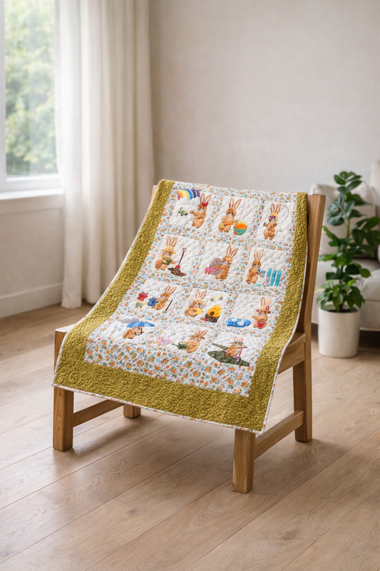 Bunny Days quilt draped on wooden chair – spring appliqué sampler PDF pattern with 12 charming bunny blocks, beginner quilting project