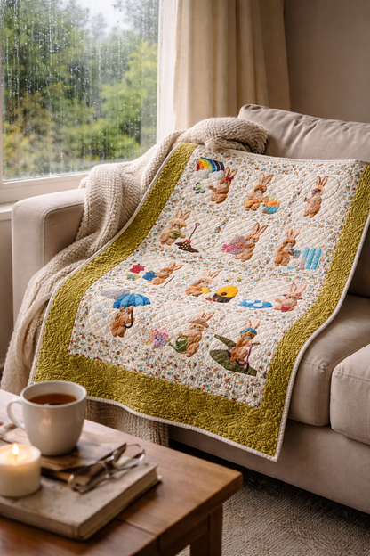 Bunny Days spring quilt draped on couch – 12 bunny appliqué blocks PDF pattern by Pattern Quilt