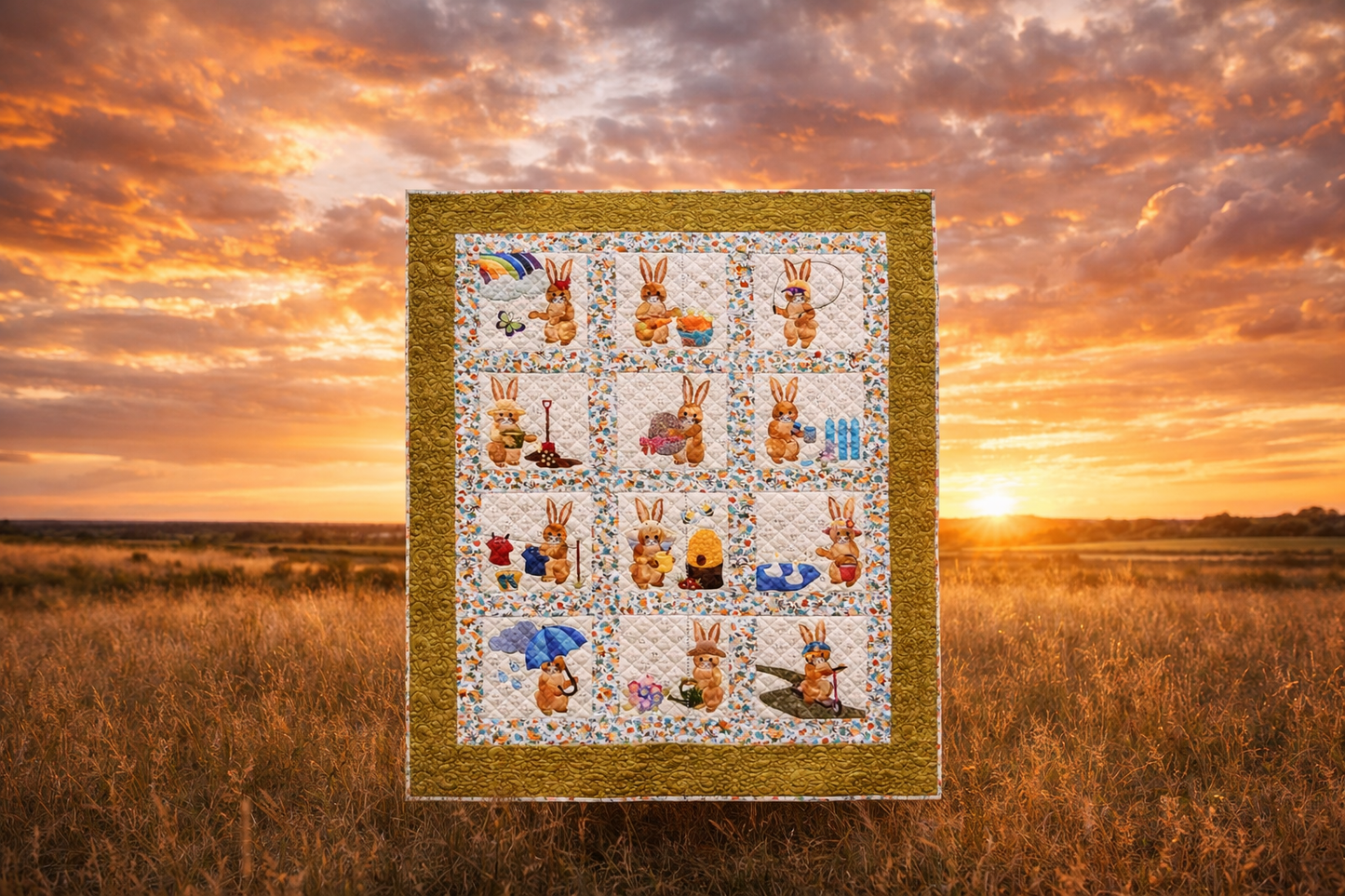 Bunny Days quilt with 12 appliqué bunny blocks against sunset sky – spring quilt pattern PDF