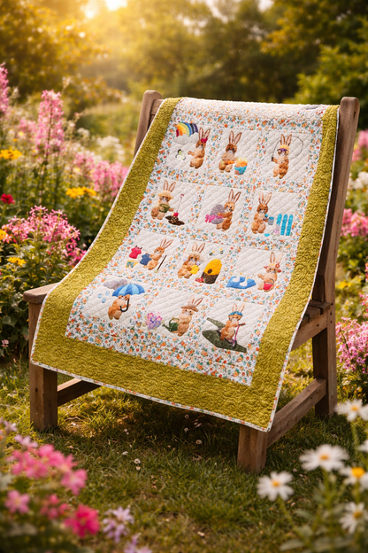 Bunny Days quilt on garden chair with spring flowers – fusible web appliqué PDF pattern for quilters