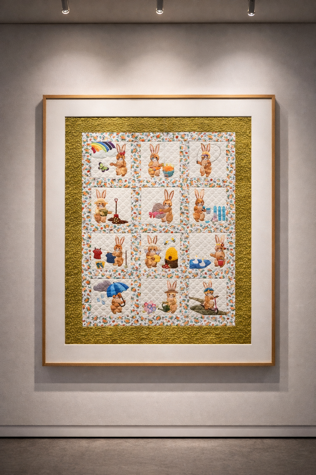 Bunny Days quilt framed on wall – 12-block spring bunny appliqué sampler quilt pattern PDF wall art