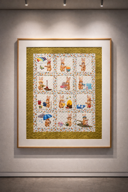 Bunny Days quilt framed on wall – 12-block spring bunny appliqué sampler quilt pattern PDF wall art