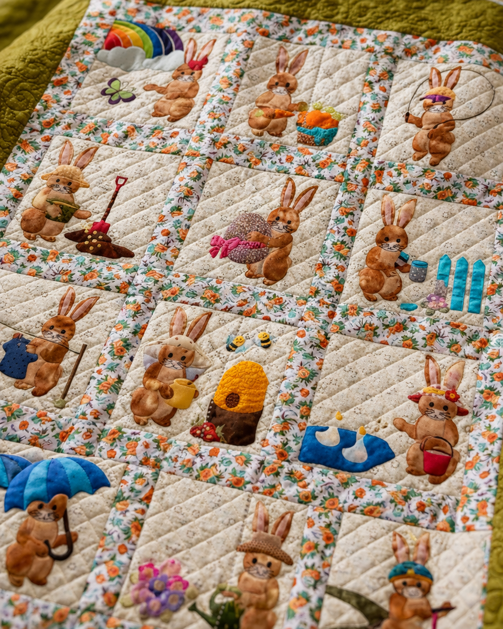 Close-up of Bunny Days quilt blocks showing 12 unique bunny appliqué scenes on floral fabric – spring PDF pattern
